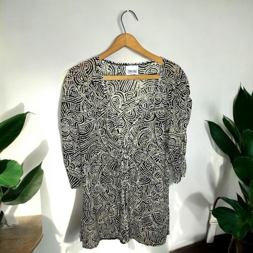 CHRISTINA Mesh Artsy Abstract Tie Front Long Line Ruched Sleeve CoverUp Cardigan